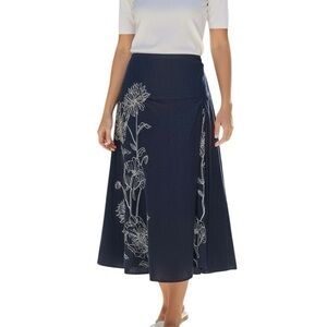 Carole Little Skirt Navy Blue White Embroidery Linen Blend Lined Size 4 A-Line